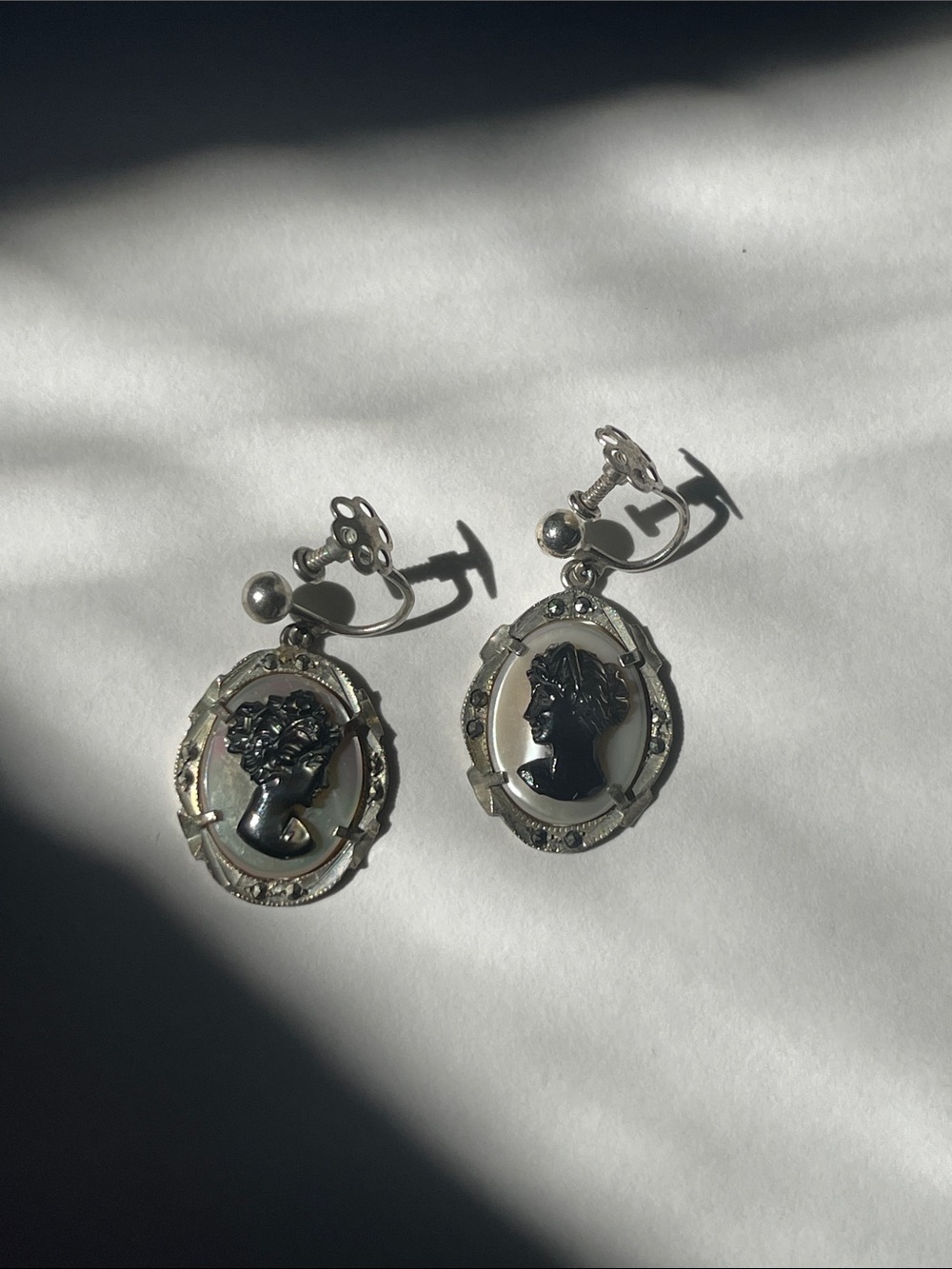 Victorian Black Cameo and Silver Drop Earrings 800 silver